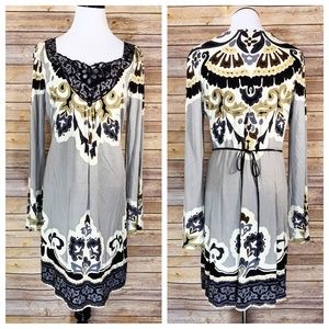 Hale Bob Grey Black Tan Silk Long Sleeve Dress